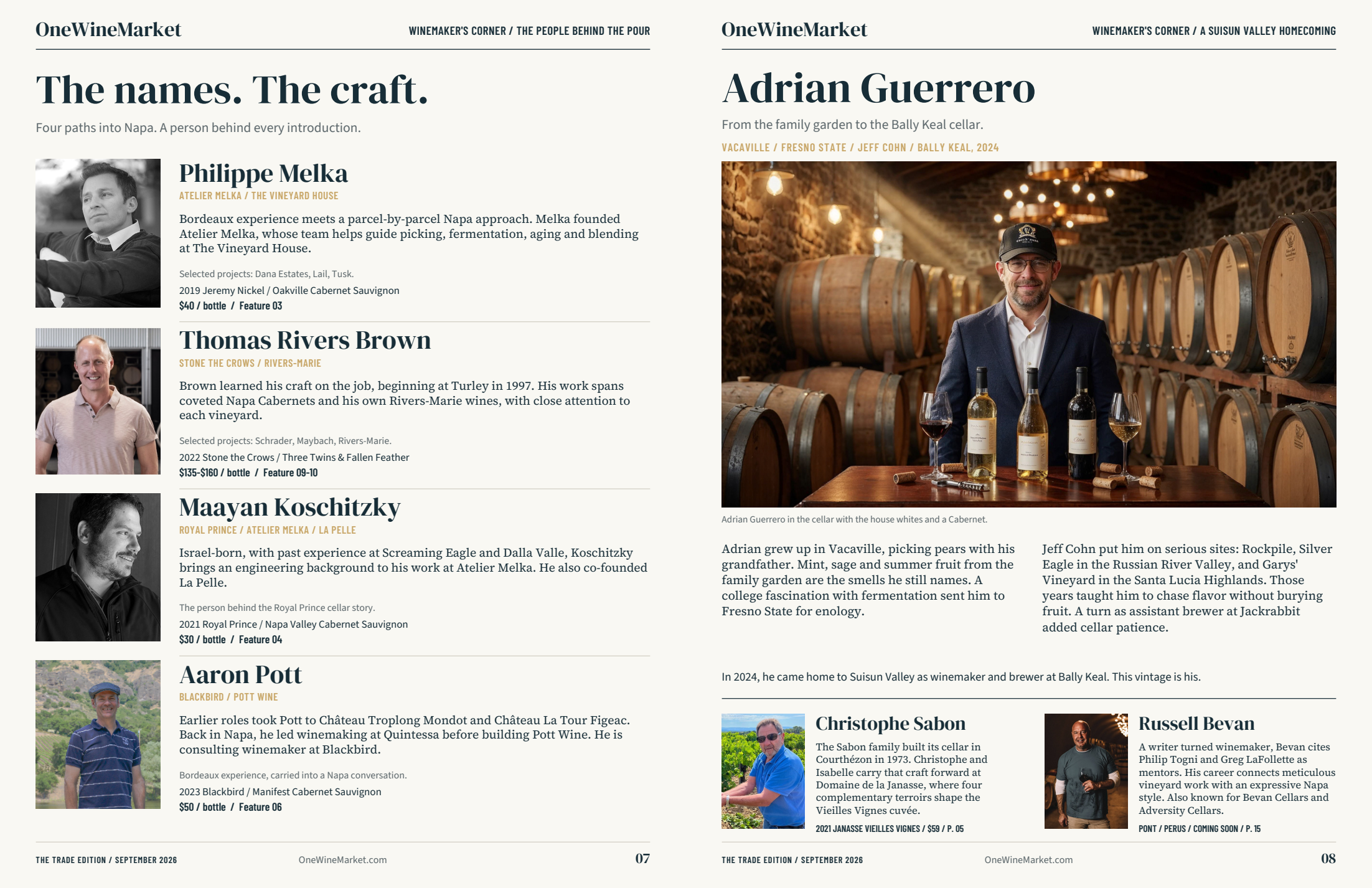Two-page Winemaker’s Corner spread, including Adrian Guerrero’s Bally Keal homecoming